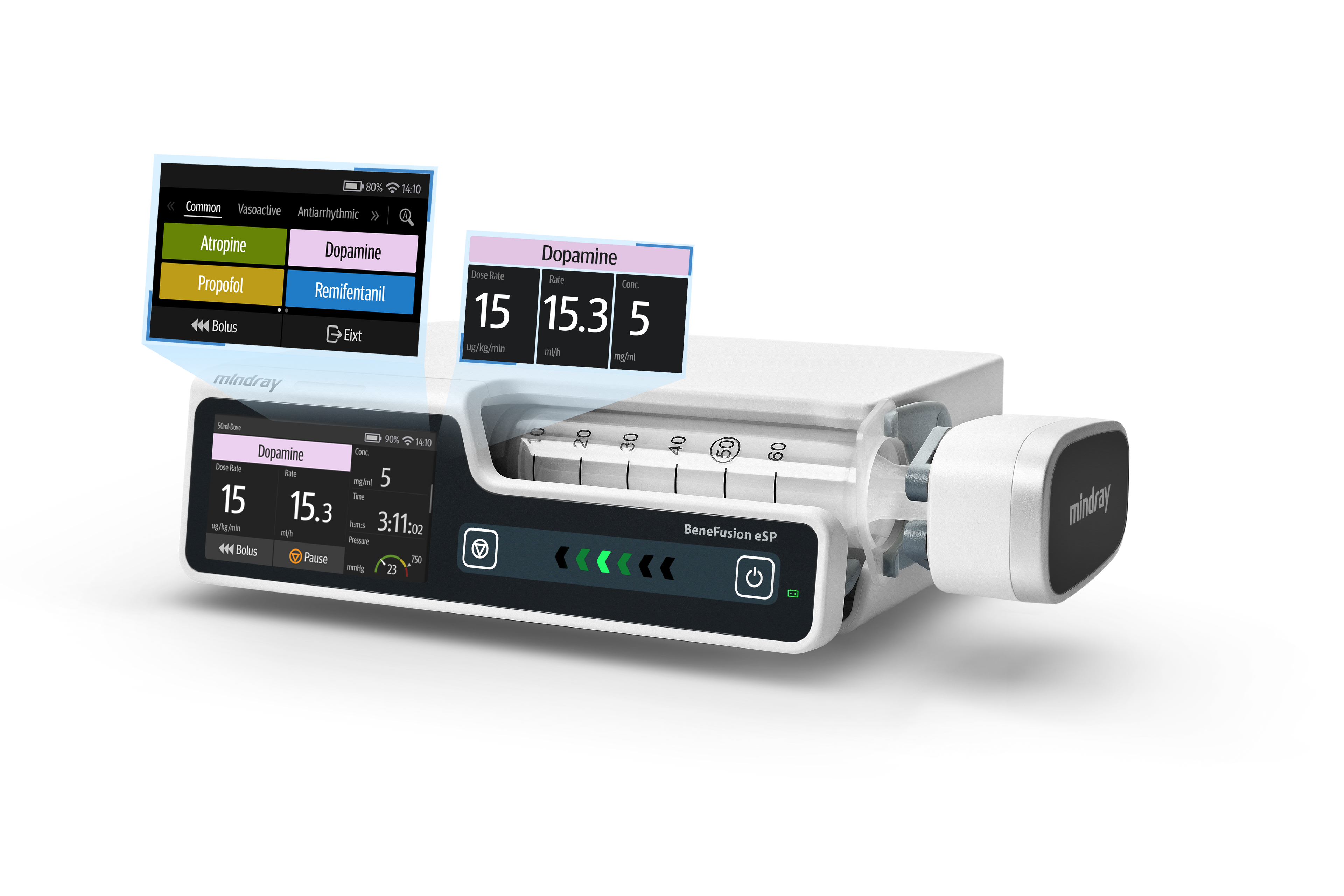 Bomba de Infusión de Jeringa con Pantalla Táctil Capacitiva de 3.5 Pulgadas, Sistema de Infusión BeneFusion Marca Mindray