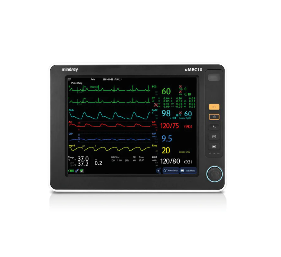Monitor de signos vitales Marca Mindray modelo Umec10 con los siguientes parámetros: electrocardiograma, frecuencia respiratoria, saturación de oxígeno, presiones no invasivas y temperatura.