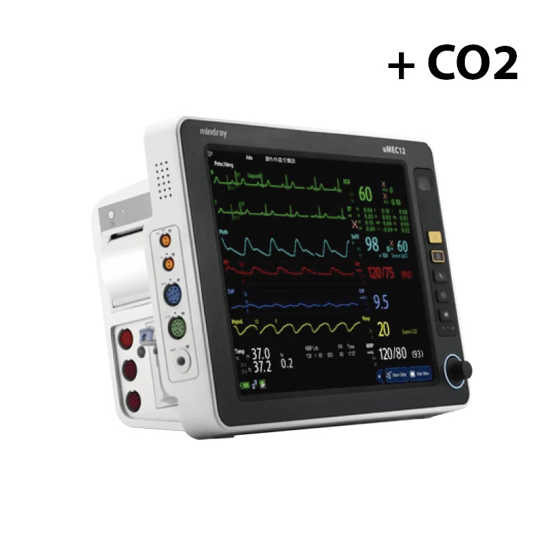 Monitor de signos vitales Marca Mindray modelo Umec12 con los siguientes parámetros: capnografía, electrocardiograma, frecuencia respiratoria, saturación de oxígeno, presiones no invasivas y temperatura.